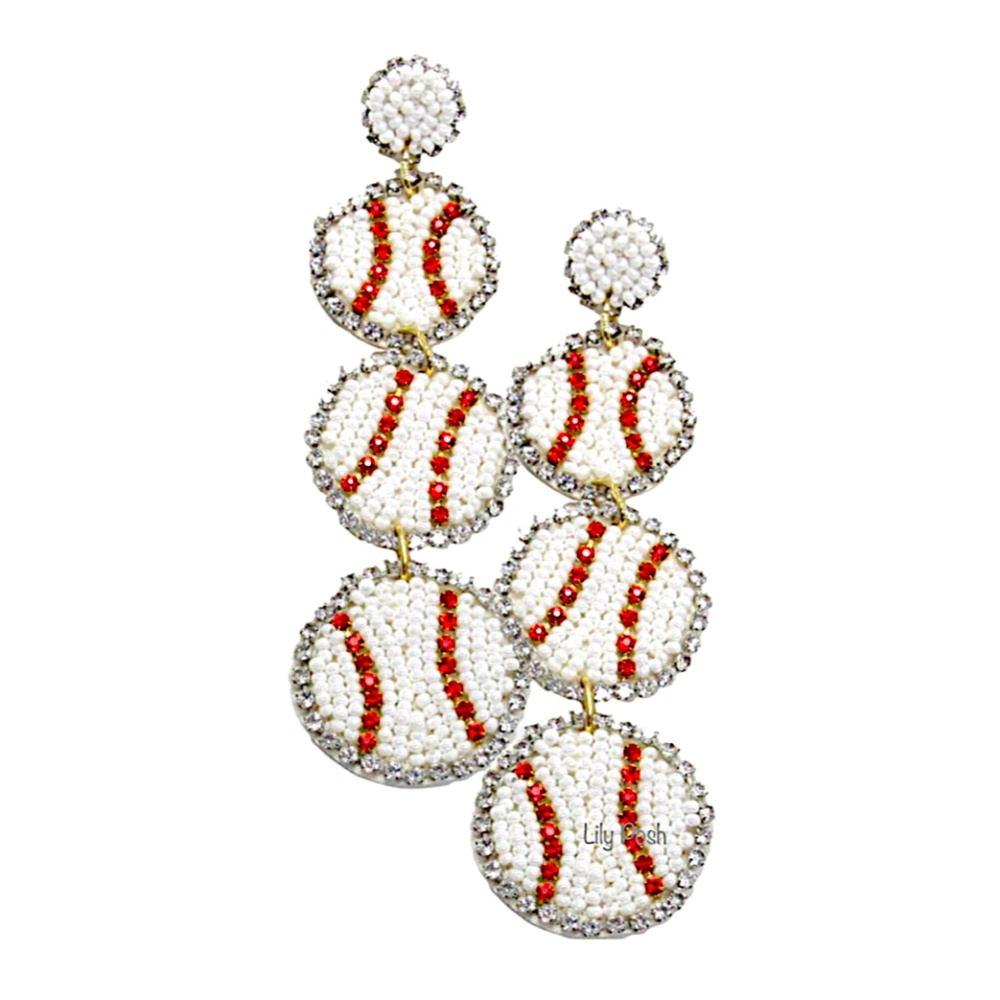 Beaded Baseball Earring, Long Beaded Game Day Earring - Picture 2 of 4